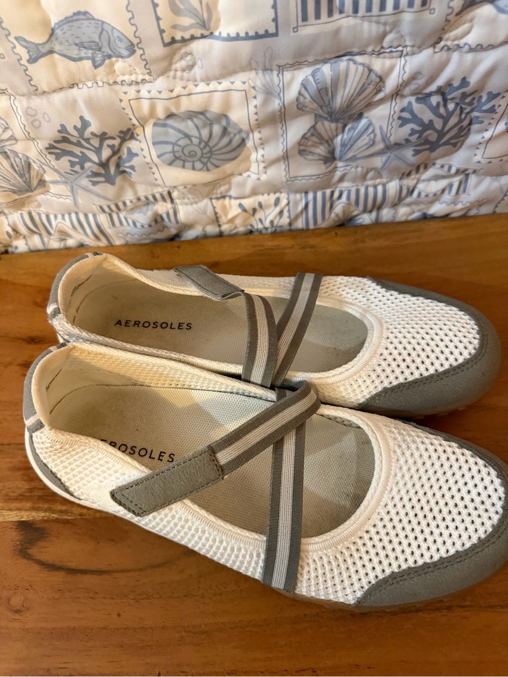 AEROSOLES White Mesh Mary Jane Flats with Gray Accents